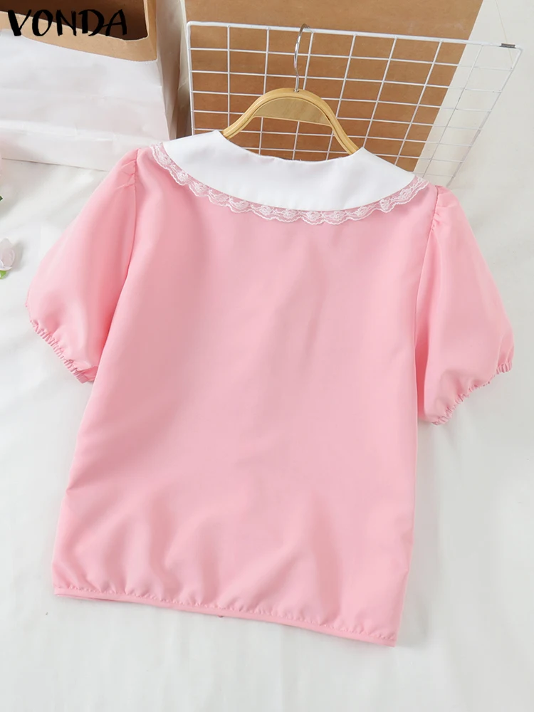 VONDA Women Patchwork Blouse Solid Color Female Tops 2025 Casual Puff Short Sleeve Tunic Lapel Neck Lace Blusas Oversized