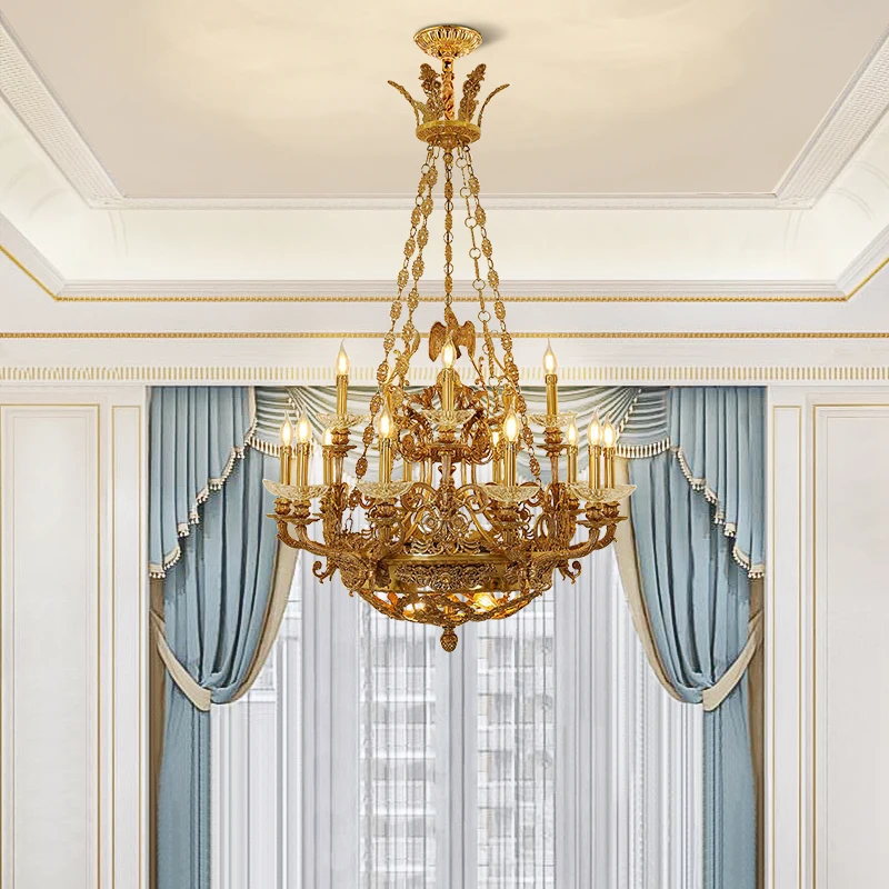 French Royal Copper Flying Eagle Decorative Chandelier Villa Duplex Living Room Candle Rectangular Pendant Light