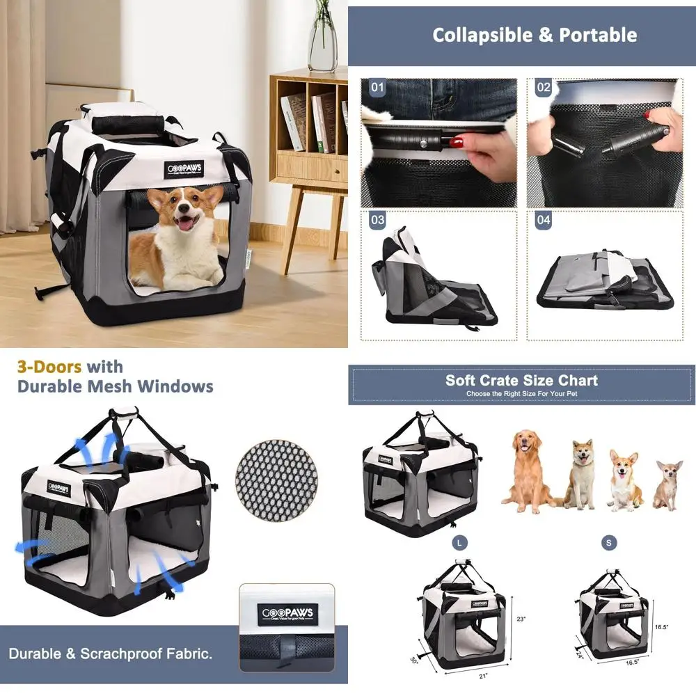 

3-дверная мягкая переноска для животных со съемным флисовым ковриком, маленькая, светло-серая (24 длина x 16,5 ширина x 16,5 высота)