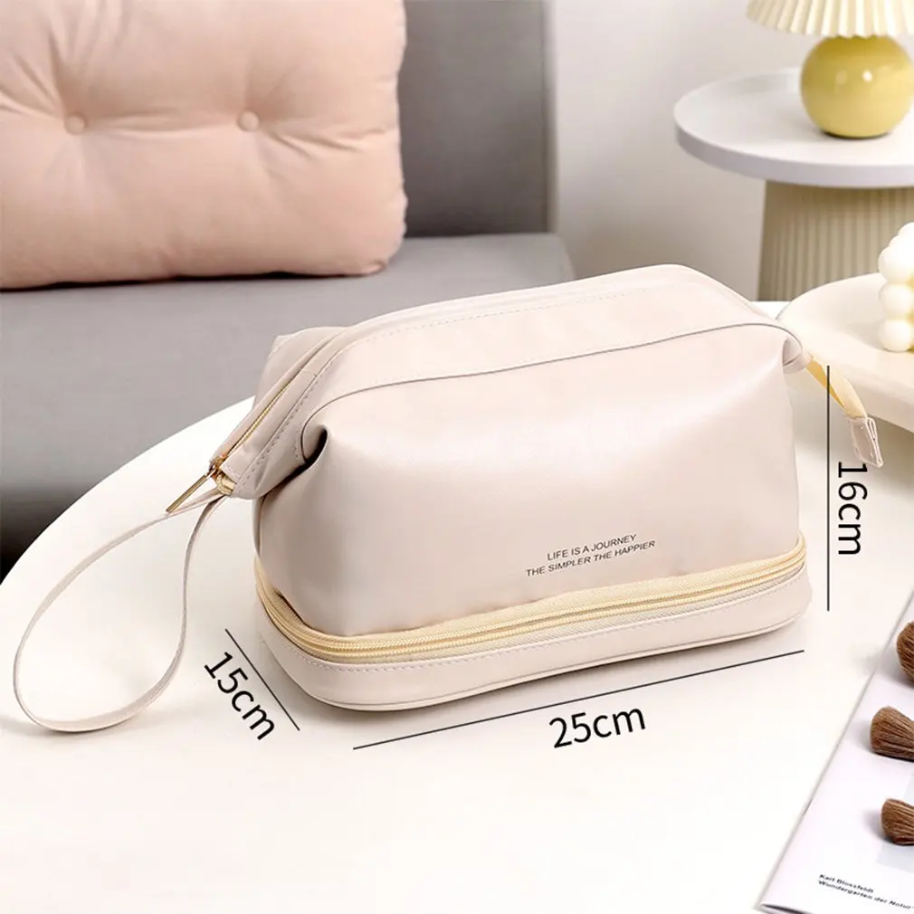 Travel Large Double Layer Cosmetic Bag Waterproof Leather Makeup Bag Women Girls Portable Toiletry Bag Make Up Storage Organizer