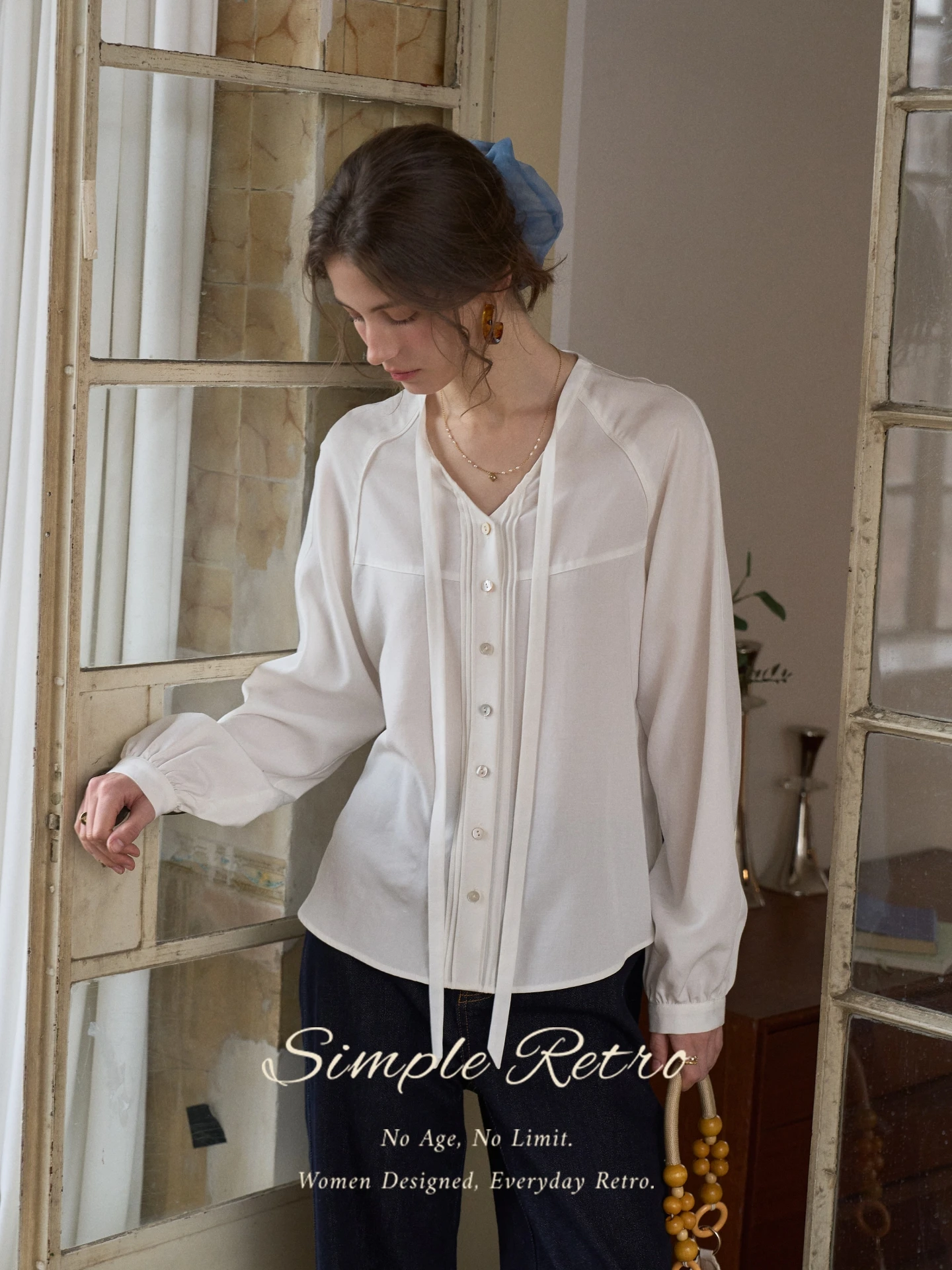 

SimpleRetro Romantic Tie-Detail Bubble Sleeve Shirt Women's Elegance Shirt Linen Blend Loose Fit Long Sleeve Top