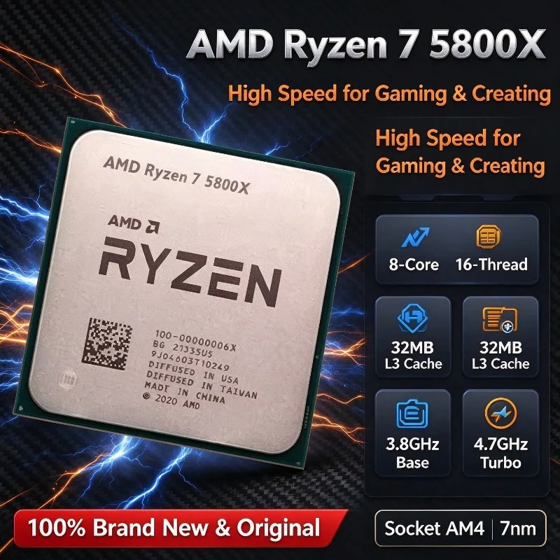 100% New AMD Ryzen 7 5800X Processor 8 Cores 16 Threads AM4 CPU 3.8GHz Base 4.7GHz Turbo 32MB L3 Cache 7nm Desktop Processor