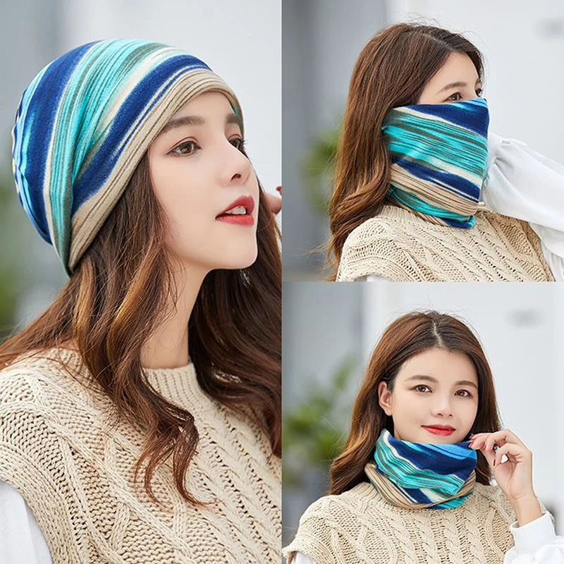 Winter Solid Cashmere Warm Ring Scarf Knitted Full Face Mask Neck Scarves Outdoor Casual Striped Hats Hip Hop Bonnet