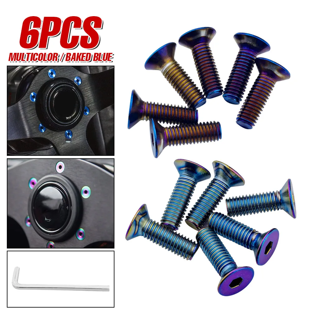 Tornillos Multicolor/Azul Cocido para Volante, Kit de Llave de 1 Pieza para Momo Nardi NRG Works Bell Boss, Accesorios para Coche, 6 Piezas