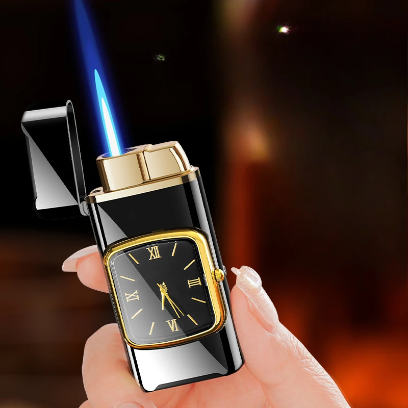 New Loud Clock Inflatable Windproof Straight Blue Flame Watch Lighter Metal Turbo Flashlight Lighter Unusual Lighter Men's Gift