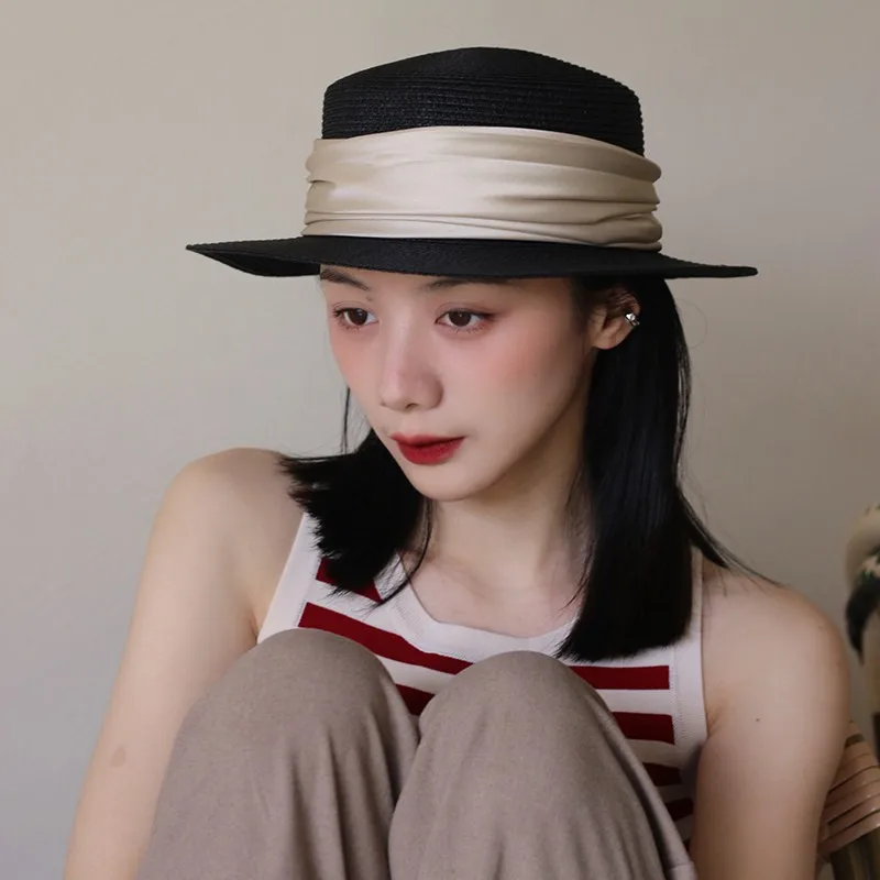 

French Vintage Black Satin-Feel Straw Wide Brim Hat for Women Flat Brim Summer Sun Hat Elegant Dress Hat for Outdoor Beach