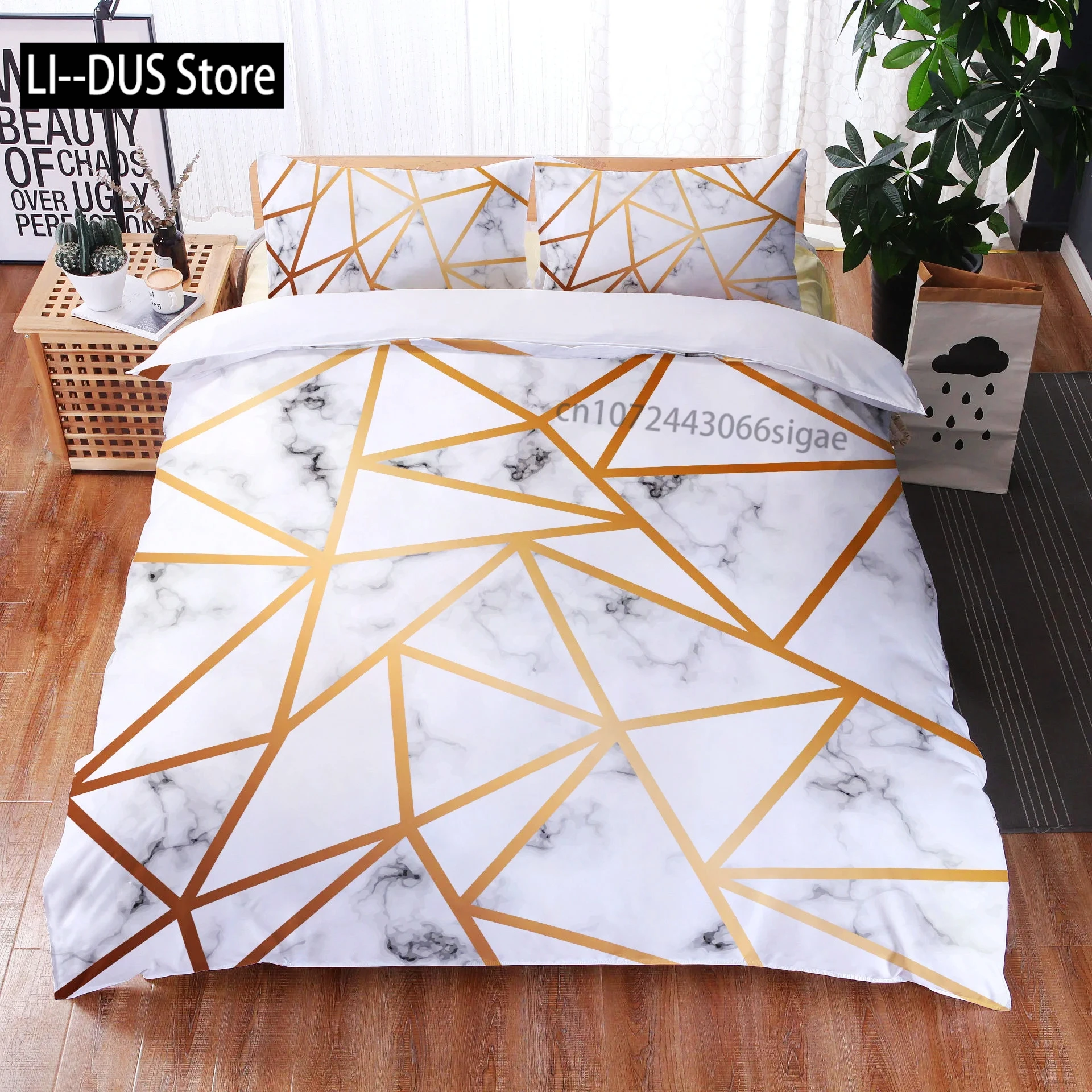 

3D Marble Duvet Cover Abstract Geometric Bedding Set Pink Golden Triangle Comforter Cover Queen/King for Boys Girls Teen Bedroom