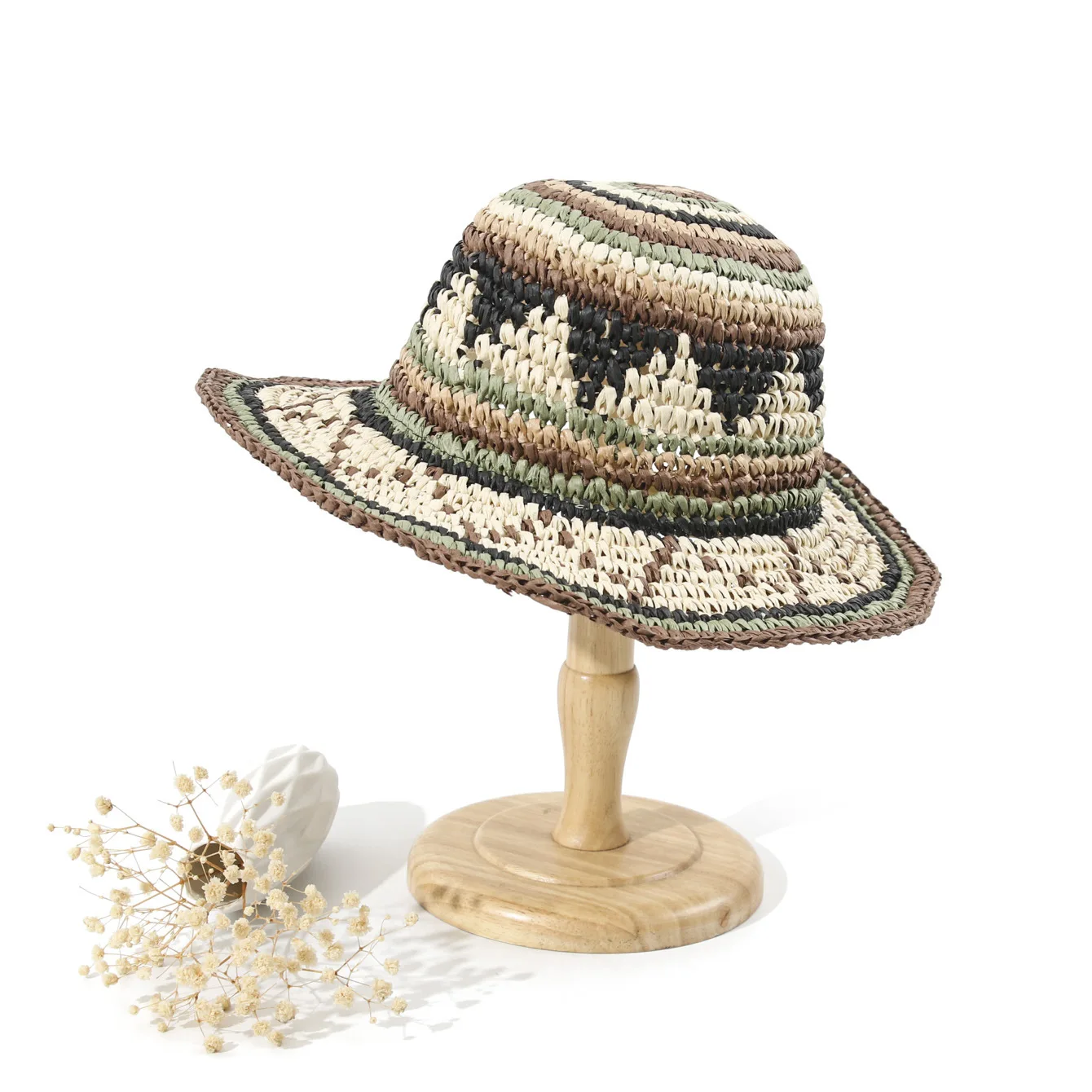 Striped Color Block Straw Bucket Hat Women Japanese Summer Travel Sun Hat