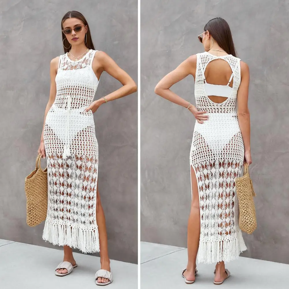 Summer Bikini Cover-up Stylish Hollow Knitted Beach Cover Up Dress Crochet Swimsuit Coverup O-neck Maxi Dress with for Women