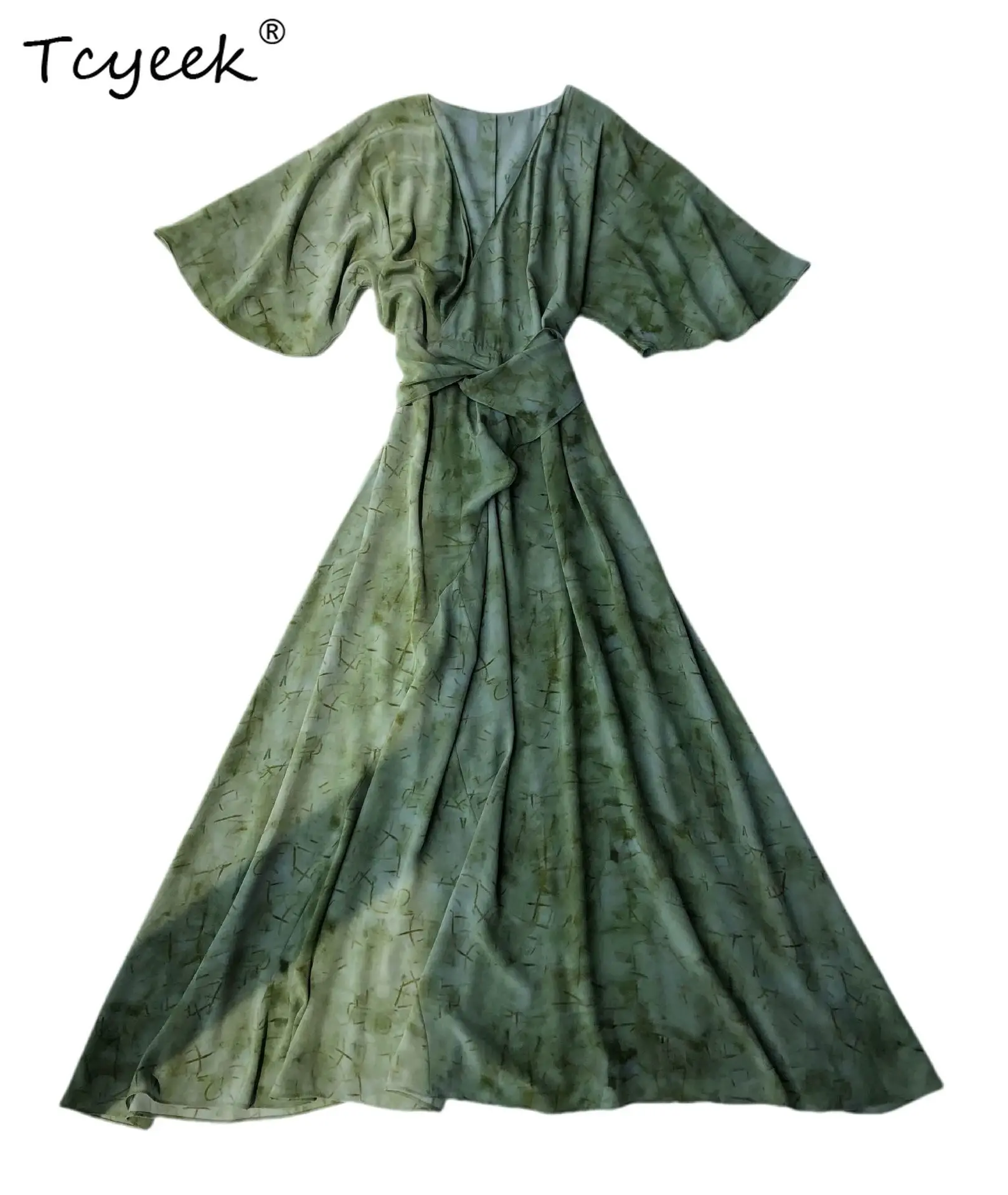 

Tcyeek, элегантное платье из 100% натурального шелка 17 мм, женское платье с коротким рукавом и V-образным вырезом, сексуальные отпускные платья в стиле ретро, лето 2024 D46572QM