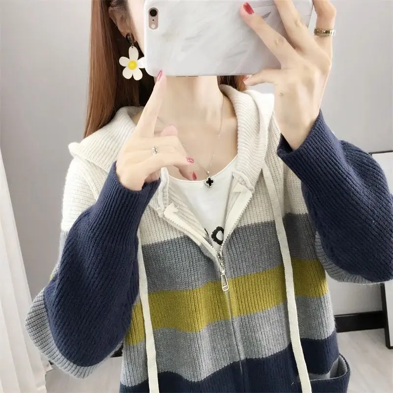 Повседневный свитер с капюшоном на молнии в ленивом стиле, женский вязаный свитер с цветными блоками, куртка