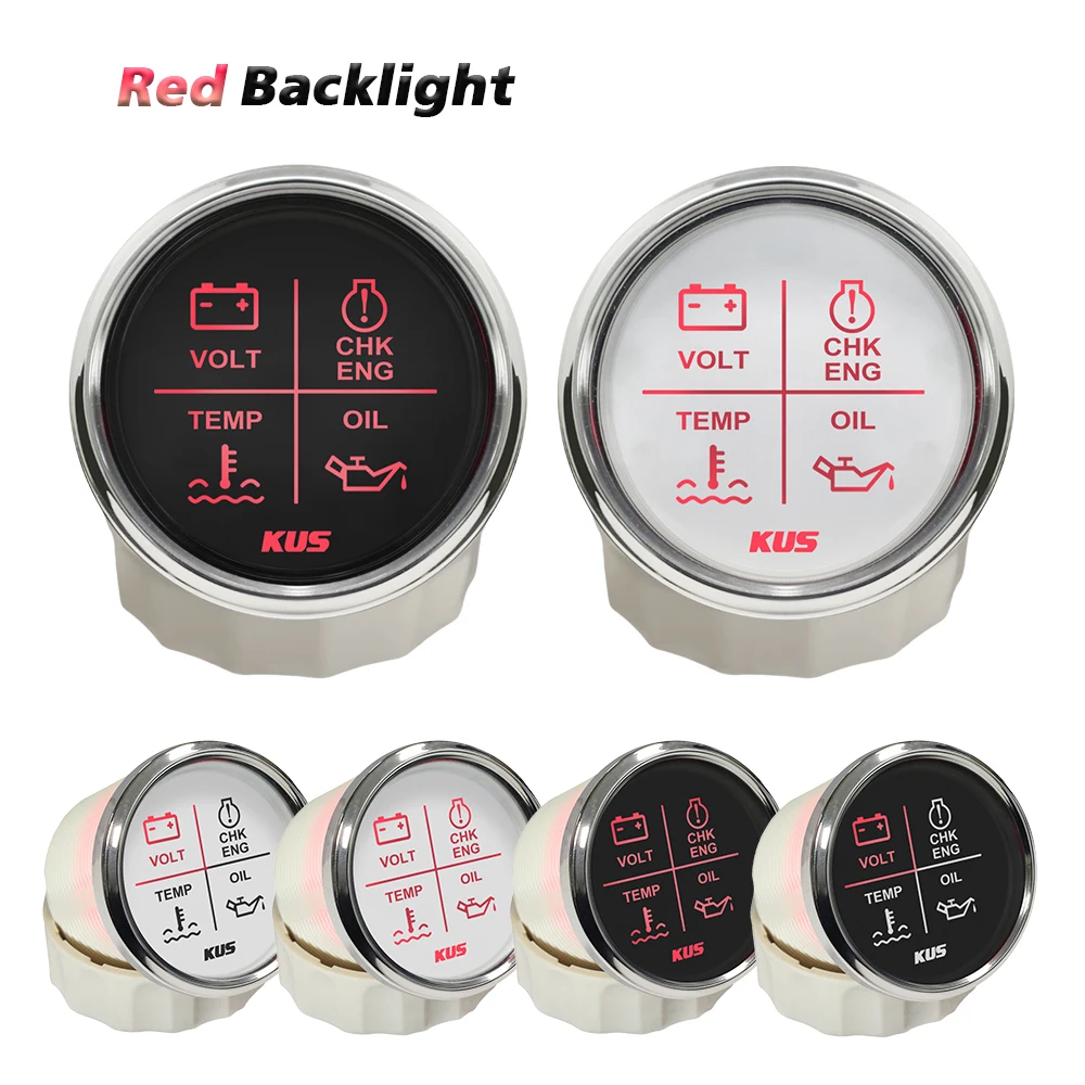 KUS 52mm 4 LED Engine Alarm Gauge Meter Volt Water Temp Oil Pressure CHK ENG 12V 24V for Car Racing Speedboats