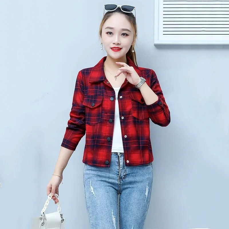 

Spring New Plaid irt Women's ort Coat Slim Casual Small Collar Long Sve Polyester Fiber Ladies Faion