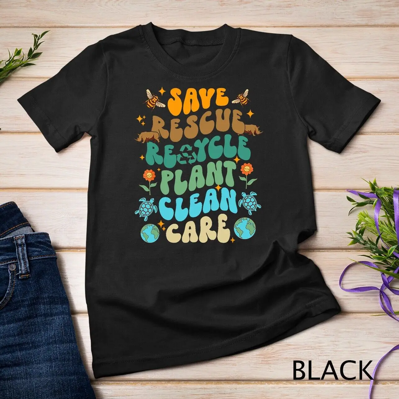 Retro Groovy Save Bees Rescue Animals Recycle Fun Earth Day Unisex T-shirt