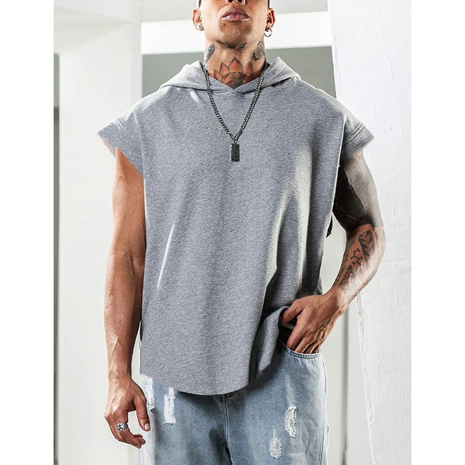 Loose Men's Summer Printed Hoodie Sporty Sleeveless Vest Large Size T-Shirt Casual Cotton Top for Men