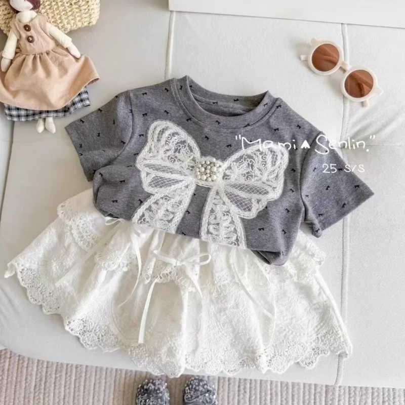 

Female.Children's Summer2025New Stylish Fashion Suit for Kids.Children's Ballet Style Lace Cake Dress Two-Piece Set