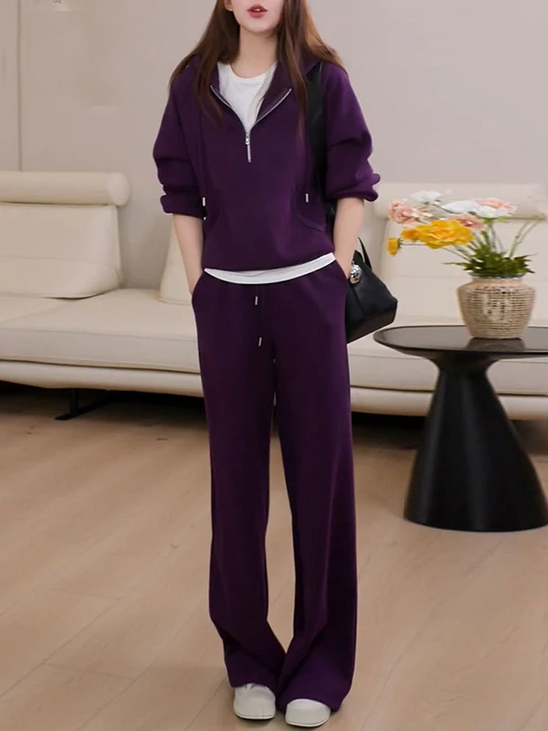 

Модный омолаживающий повседневный спортивный костюм: женский фиолетовый худи и брюки с широкими штанинами, комплект из двух предметов, весна 2026, высококлассный тренд