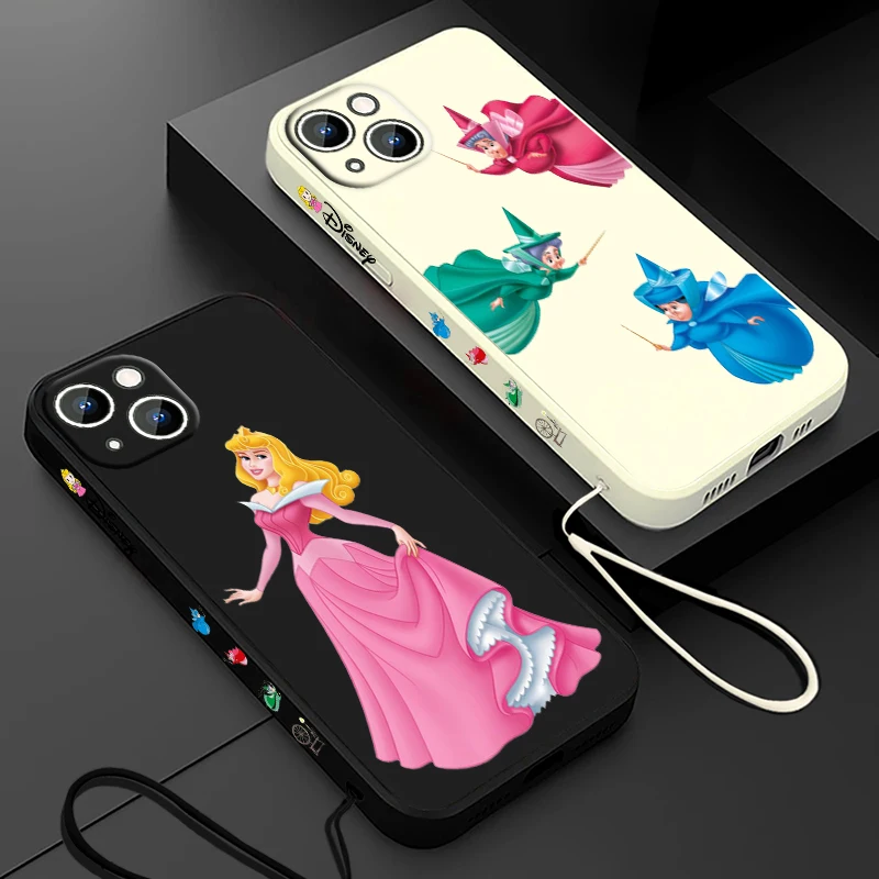 Sleeping Beauty Princess Aurora Phone Case For Apple iPhone 15 14 13 12 11 Pro Max Plus 8 7 SE Liquid Left Rope Capa Cover