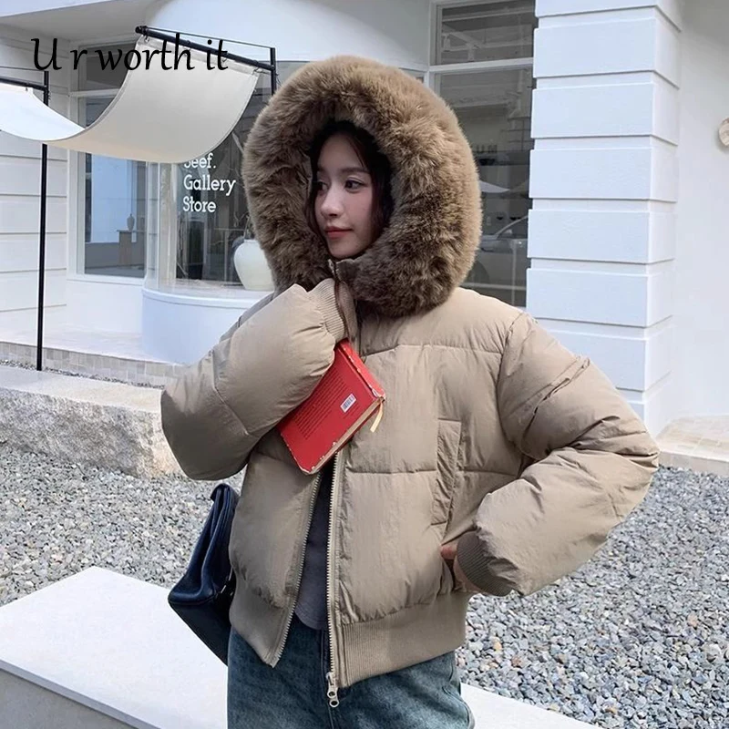 Winter Women's Short Parkas Cotton-padded Clothes Add Velvet Thicken Outerwear Fur Collar Removable Hooded Coats Warm Jackets