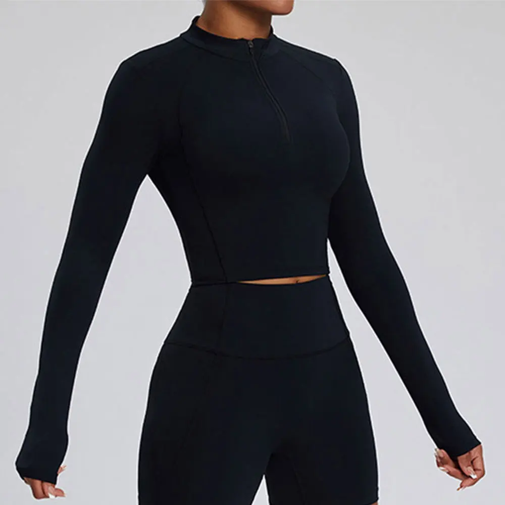 Zamek błyskawiczny Damska koszulka do jogi z długim rękawem do biegania na świeżym powietrzu Koszulka do jogi z długim rękawem Siłownia Push Up
