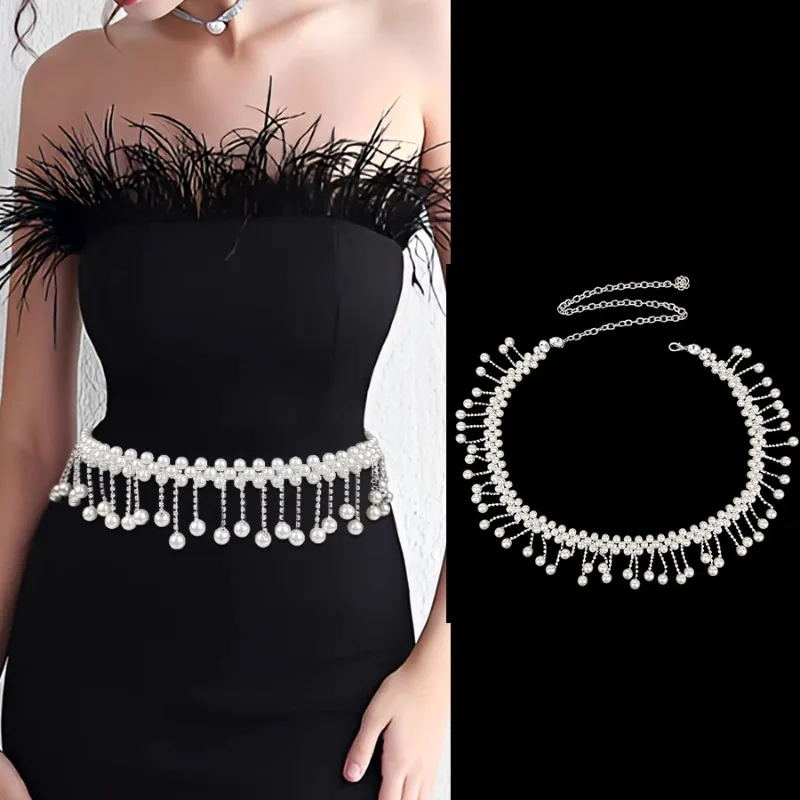 

Customized Pearl Chain Water Diamond Tassel Waist Chain Evening Dress Decoration Belly Dance Sexy Body Chain Belt Accesorios
