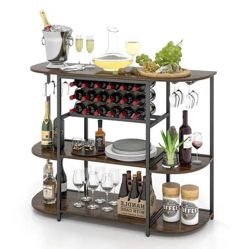 

47 Inches Wine Rack Table with Glass Holder and Storage Shelves-Rustic Brown