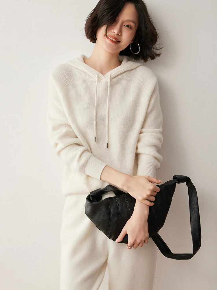 Women Drawstring Hoodie Threaded Sweater 100% Cashmere Pullover Raglan Sleeve Casual Knitwear Autumn Winter Striped Clothing Top