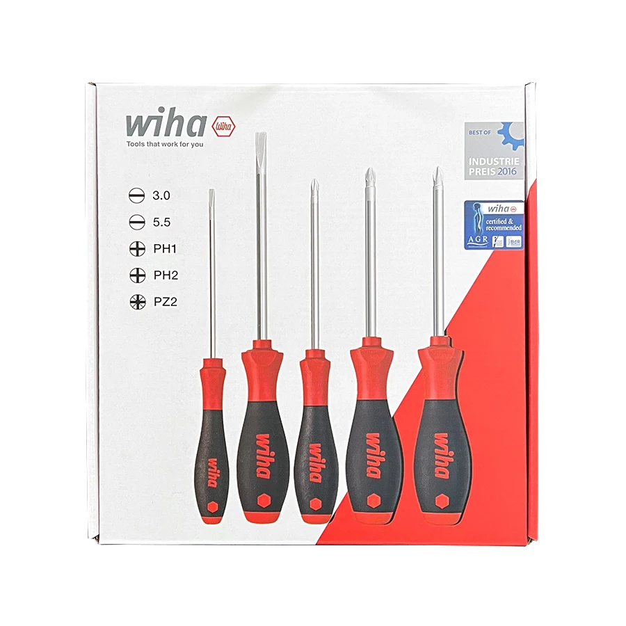 WIHA 5PCS Screwdriver Set SoftFinish Long Slender Handle Screw Driver for Slotted Phillips Pozidriv Screw Repair Tool Kit 90020C