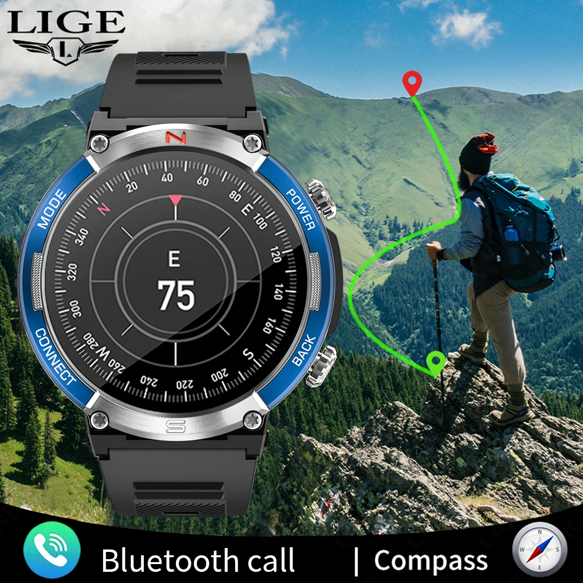 

LIGE 2024 Compass Outdoor Sports Military Smart Watches IP68 Waterproof Bluetooth Call Men Smartwatch Health Monitoring Bracelet