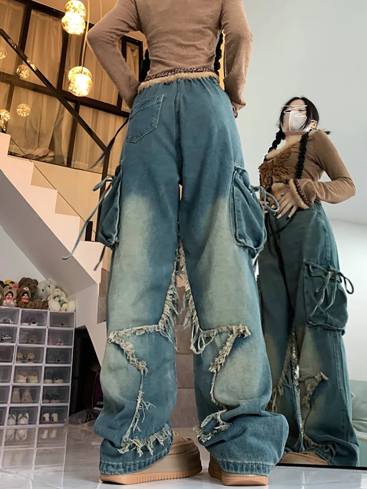 2023 Y2K Streetwear Star Embroidery Baggy Stacked Cargo Jeans Pants For Women Clothing Straight Lady Wide Leg Old Denim Trousers