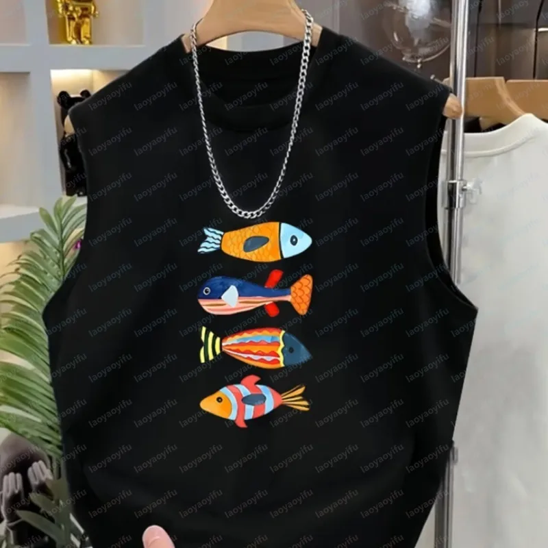 Ocean Fish Summer Trendy Brand Print Casual Vest for Men American Style Sleeveless Sports T-Shirt Beach Vacation Unique Tank Top