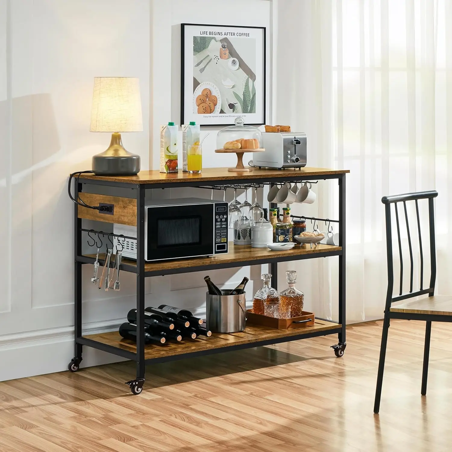 Kitchen Island with Power Outlet, Rolling Kitchen Cart with Wine Rack & Glass Holder & Hooks, Coffee Bar Microwave Stand Wine