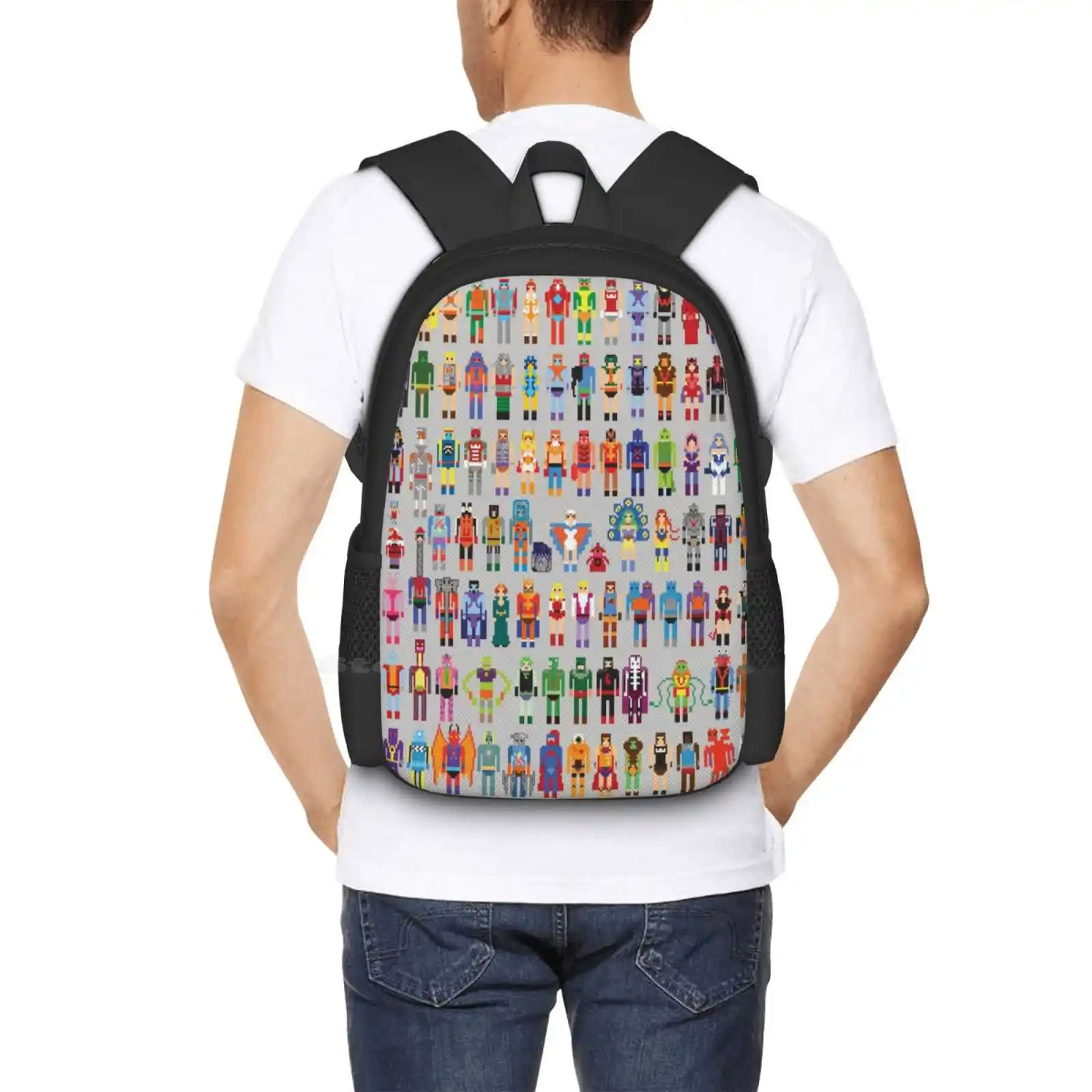 8-Bit Masters Expanded Set Teen College Student Backpack Pattern Design Bags Cool Nerdy Awesome Heman Masters Universe 8Bit