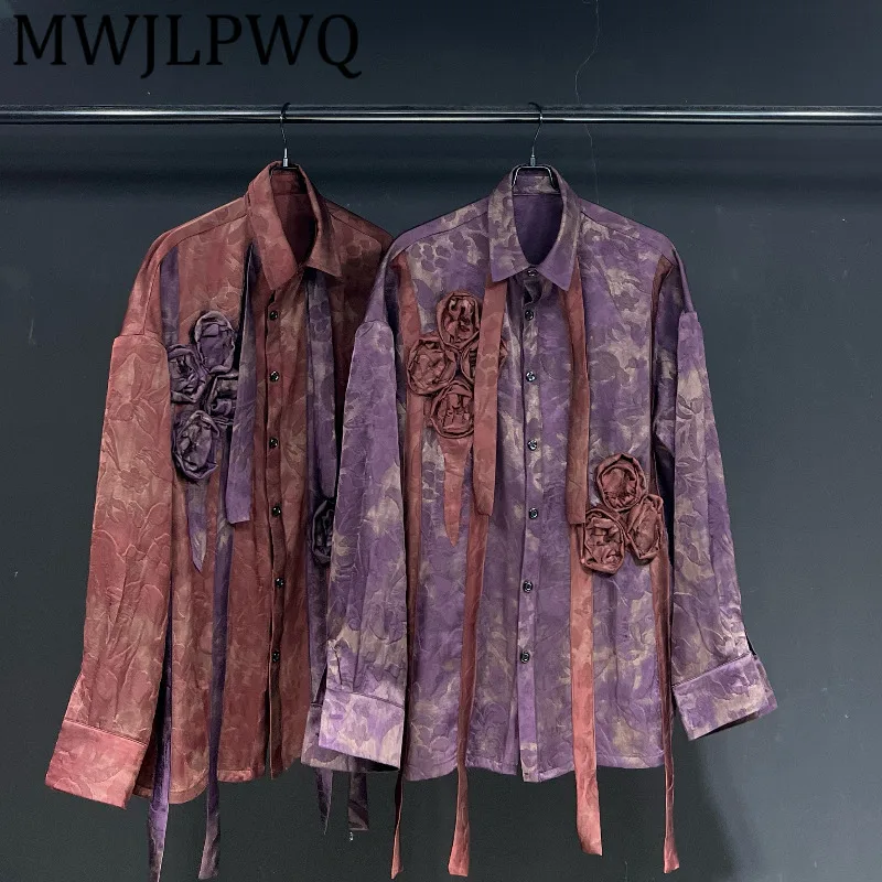 

MWJLPWQ 2025 New Unisex Red Printed Design Shirt Lapel Lace Up Flower Autumn Trend Loose Casual Long Sleeve For Men Tops 12140