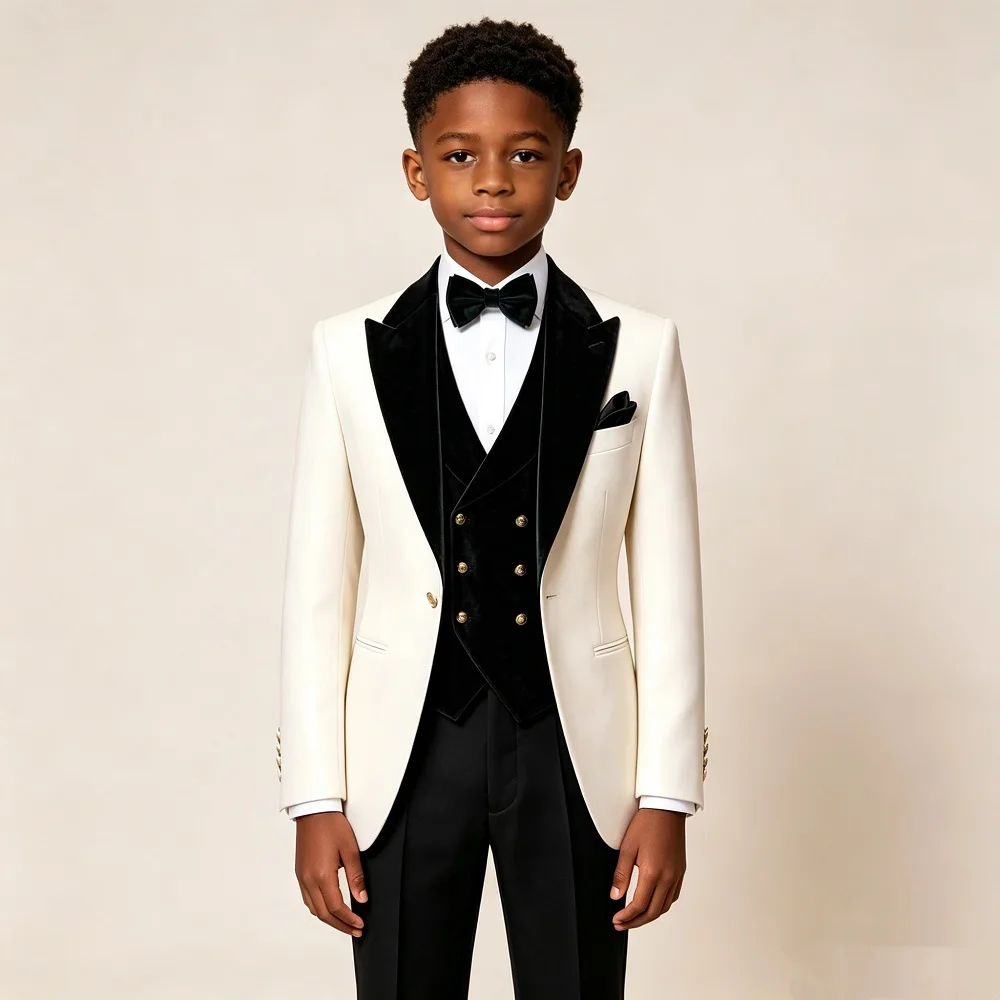 3 Pieces Boys Wedding Tuxedo Ivory Jacket with Velvet Lapel Vest Pants Slim Fit Child Formal Suit Prom Banquet 2026 New