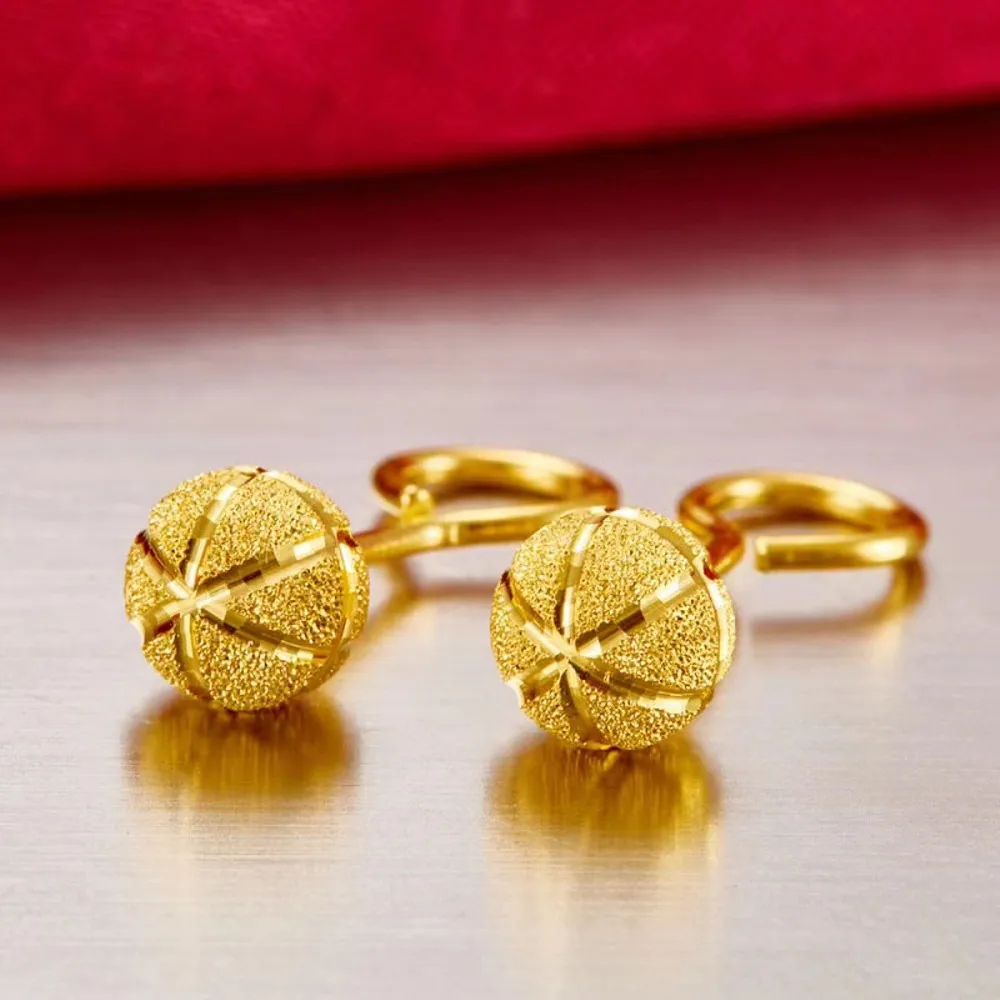 

Real Pure 999 24k Yellow Gold Stud Women Gift Lucky 6mm Carved Bead Ball Earrings 2.1-2.3g