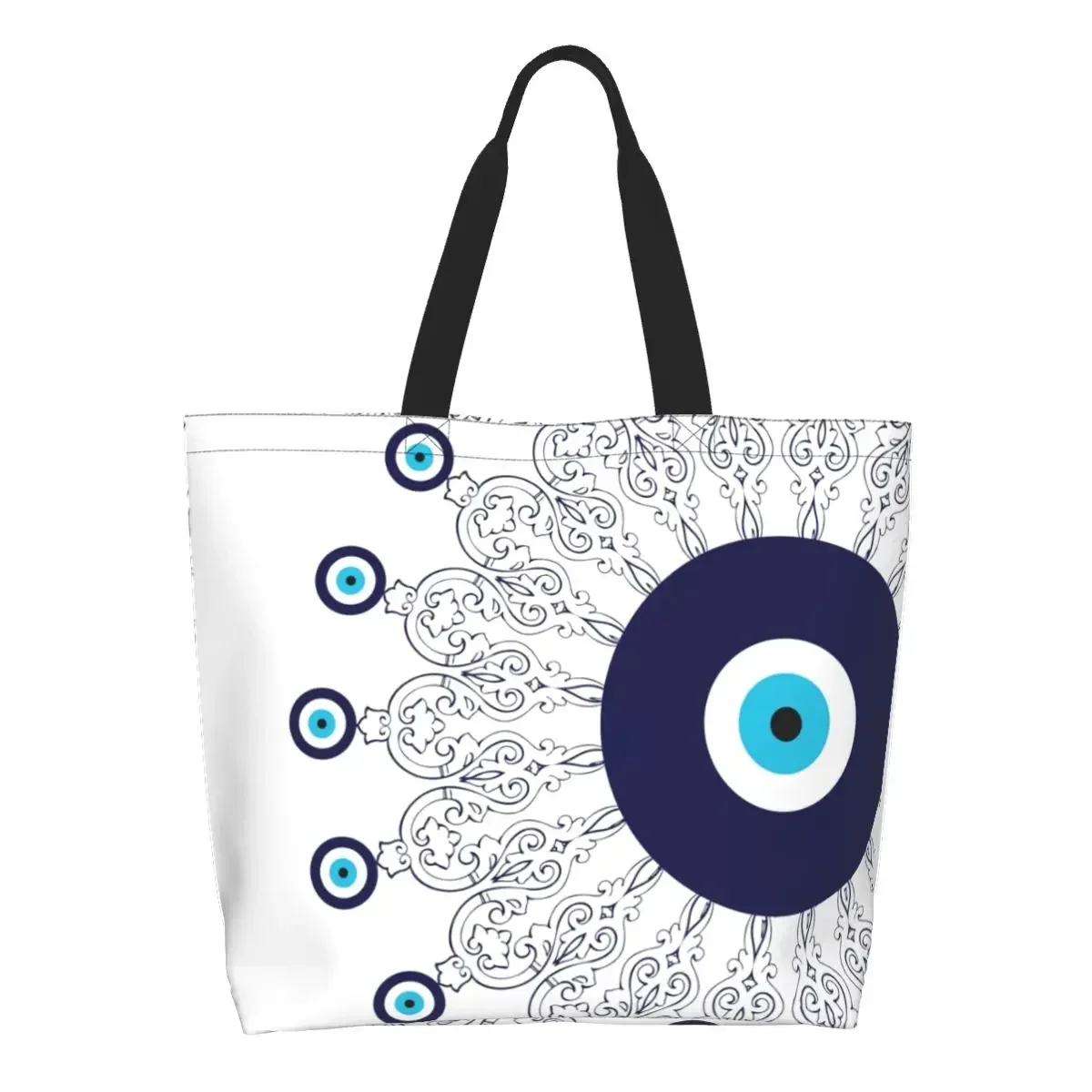 

Navy Blue White Mediterranean Evil Eye Mandala Pattern Shopping Tote Bags Washable Canvas Shoulder Shopper Bohemian Boho Handbag