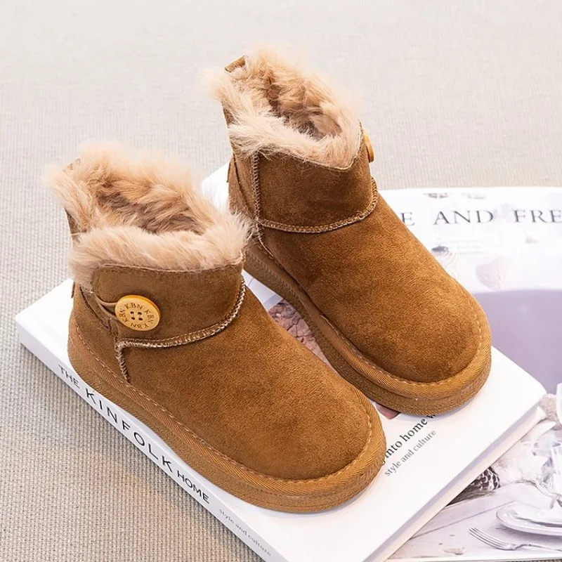 

2025 Winter New Children's Boots Girls' Leather Classic Button Versatile Snow Boots Plush Warm Winter Boots