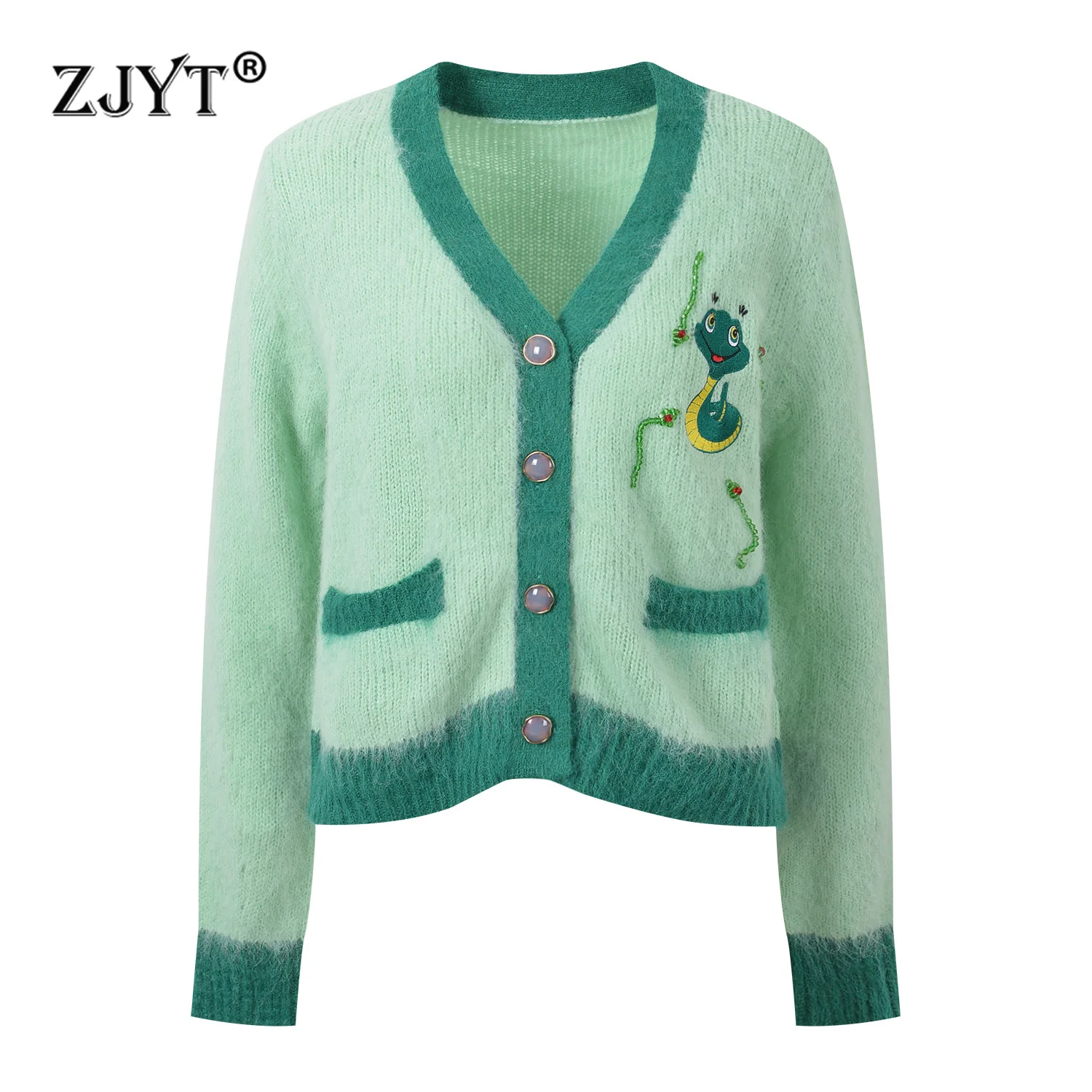 

ZJYT Spring 2025 Fashion V Neck Cardigan Coat Sweaters for Women Knitting Tops Long Sleeve Knitwears Casual Green Jersey Mujer