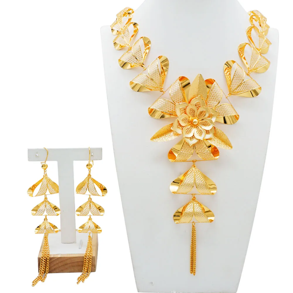 Gold plated jewelry set, tassel long necklace, pendant earrings