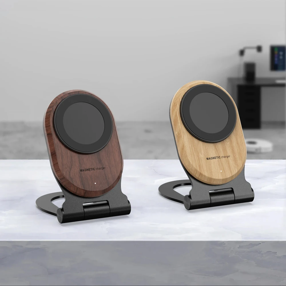 Eco-friendly wholesale Phone Accessories 15W fast Walnut wood wireless magnetic charger with folding metal Stand