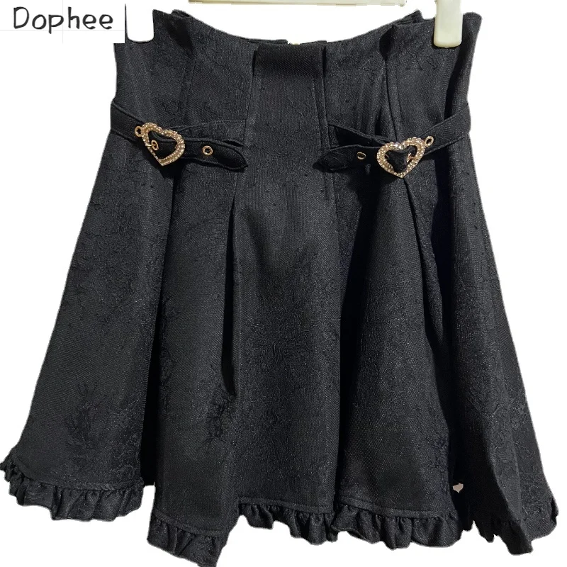 

Dophee Landmine Series Lolita Love Buckle Water Diamond Women Skirts All-match High Waist Cute Short A-line Black Skirt 4xl5xl