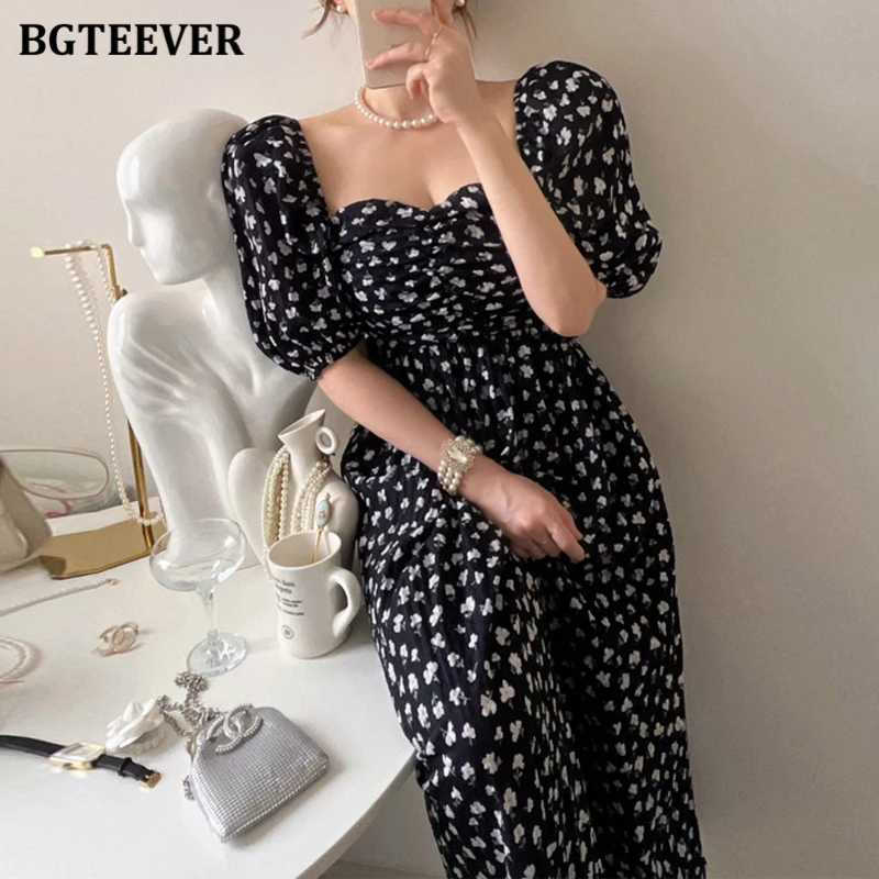 BGTEEVER Sommer Schlanke Taille Frauen Blumen Kleid Elegante Puff Sleeve Weibliche A-line Midi Kleid Damen Vestidos