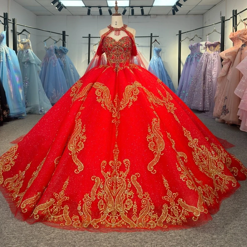 

Red Shiny Quinceanera Dresses Off The Shoulder Gold Applique Lace Beads Tull Corset Party Birthday Sweet 16 Dres Vestidos 15