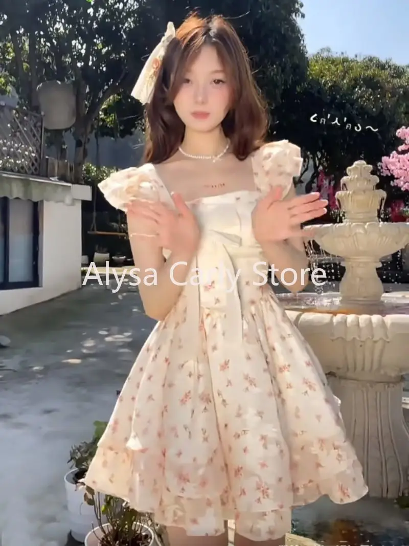 Japan Sweet Floral Mini Dress Women Elegant Cute Bow Flying Sleeve One Piece Dress Summer Sexy Fairy Casual Evening Party Dress