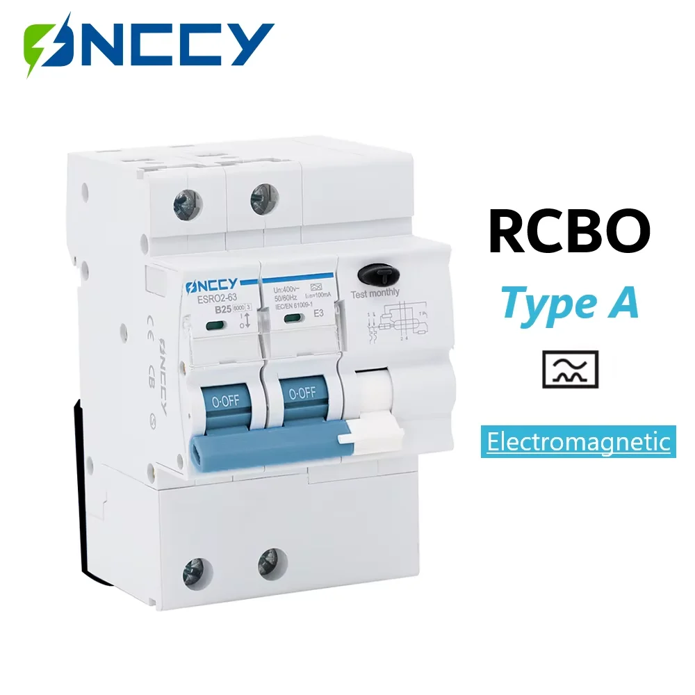 

ONCCY Type A RCBO 2P 4P 3P+N Magnetic Residual Current Circuit Breaker with Over Current Protection 16A 25A 32A 40A 30mA 300mA