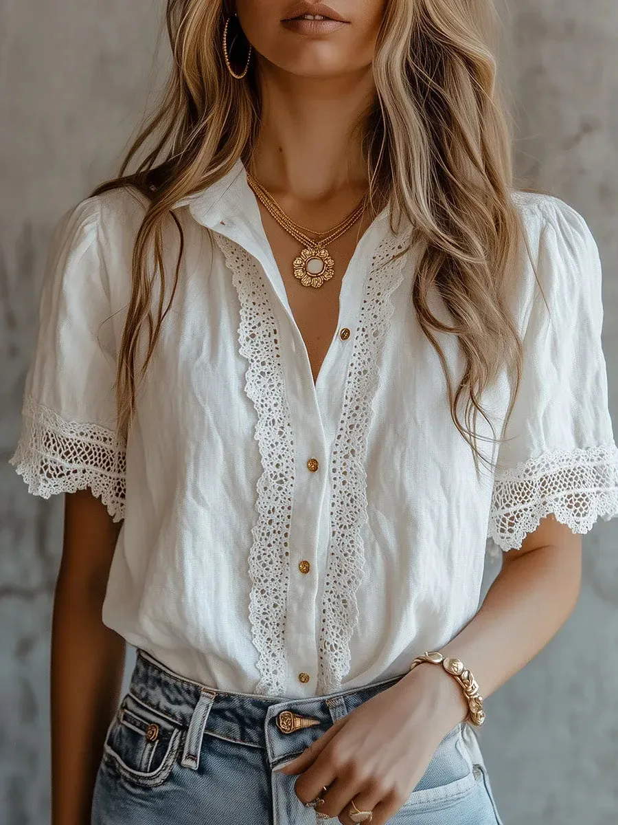 Elegant Women's Shirts Casual Solid Color Lapel Button Embroidery Lace Patchwork Blouses Summer Everyday Wear Short Sleeve Tops