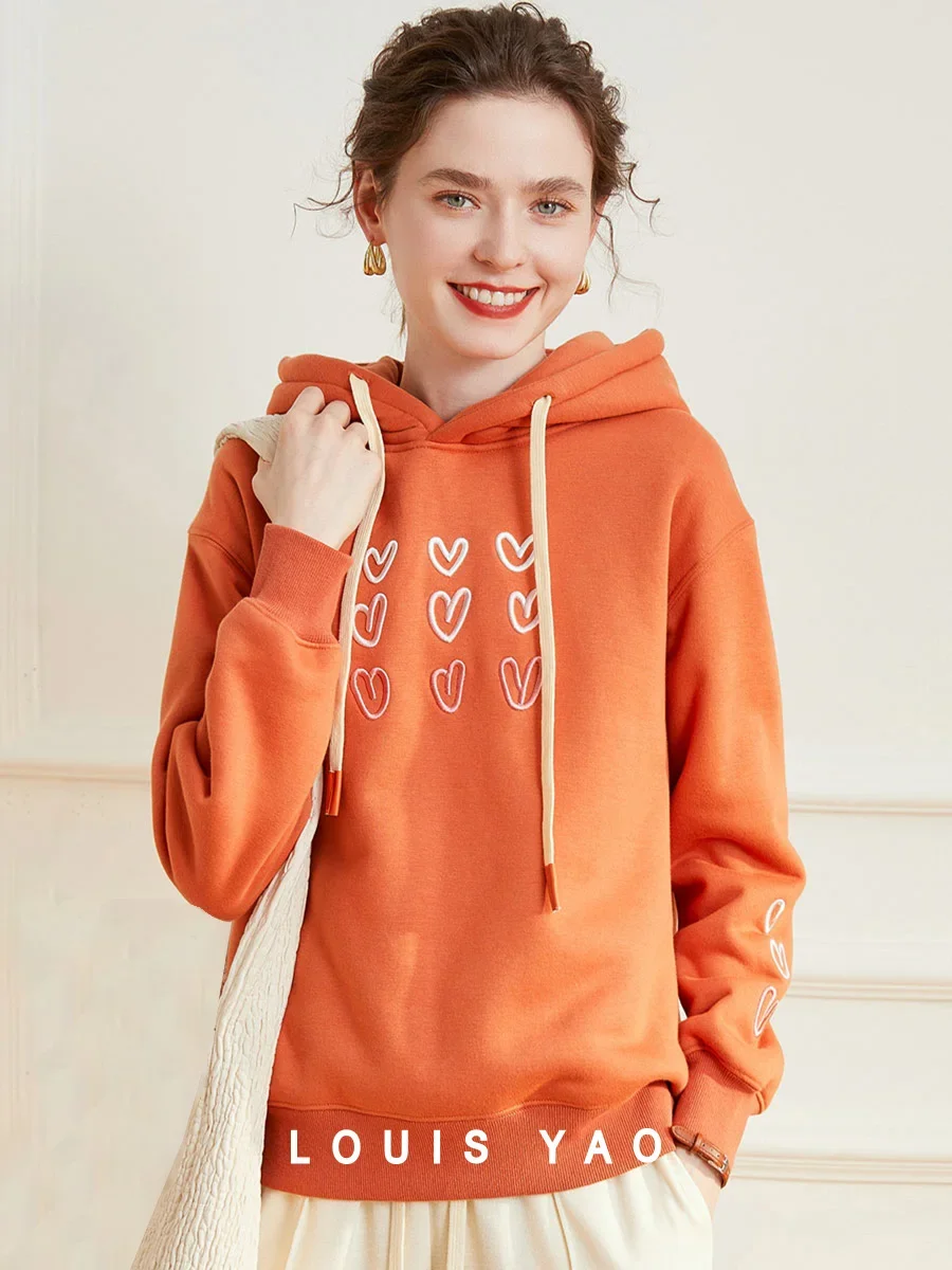 LOUIS YAO Women's Sweatshirts 2024 Autumn Winter Top for Women Love Embroidered Loose Casual Long Sleeve Thickened Velvet Hoodie