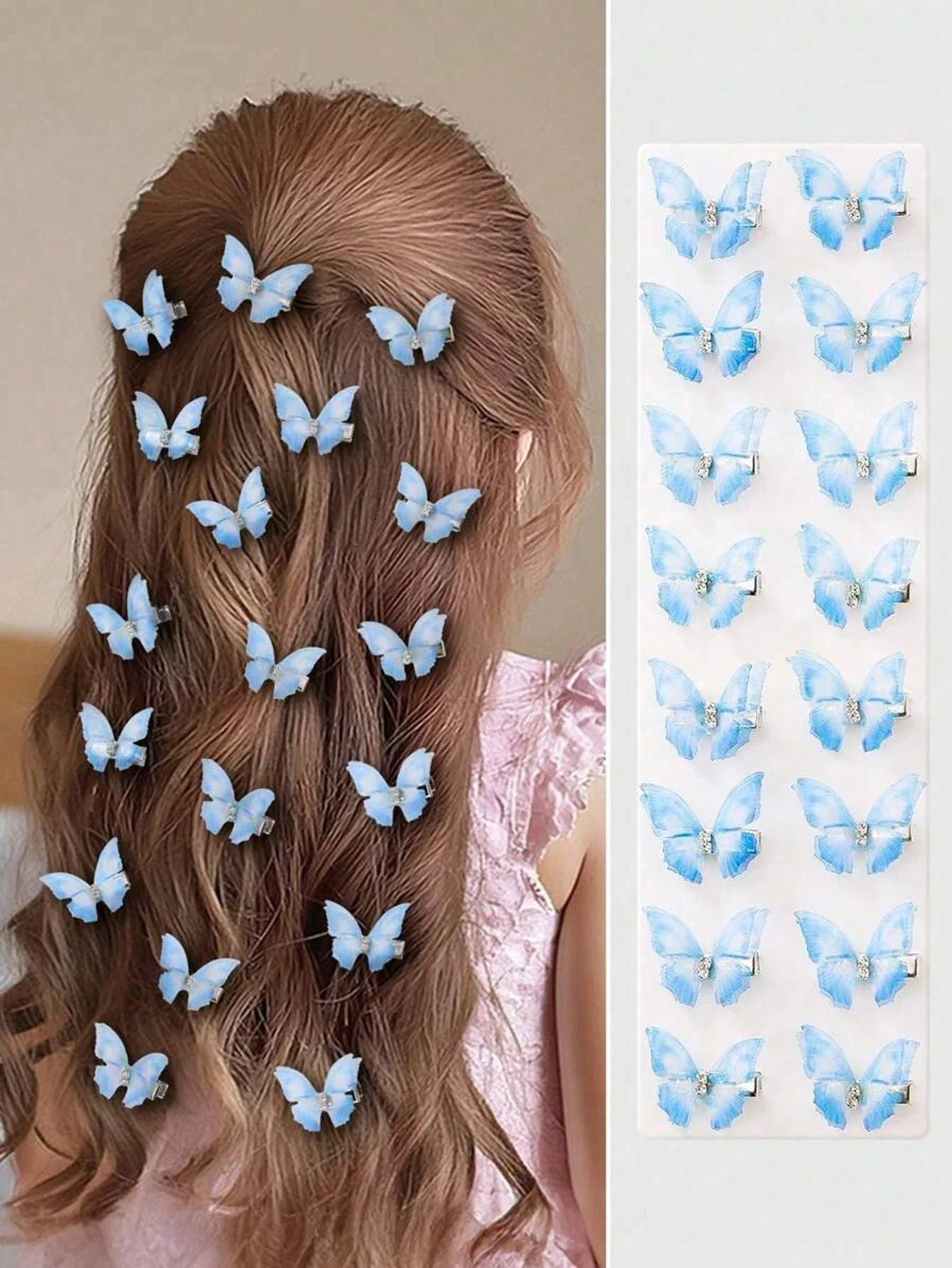 

Light Blue Double Layer Crystal Tulle Butterfly Hair Clips For Women
