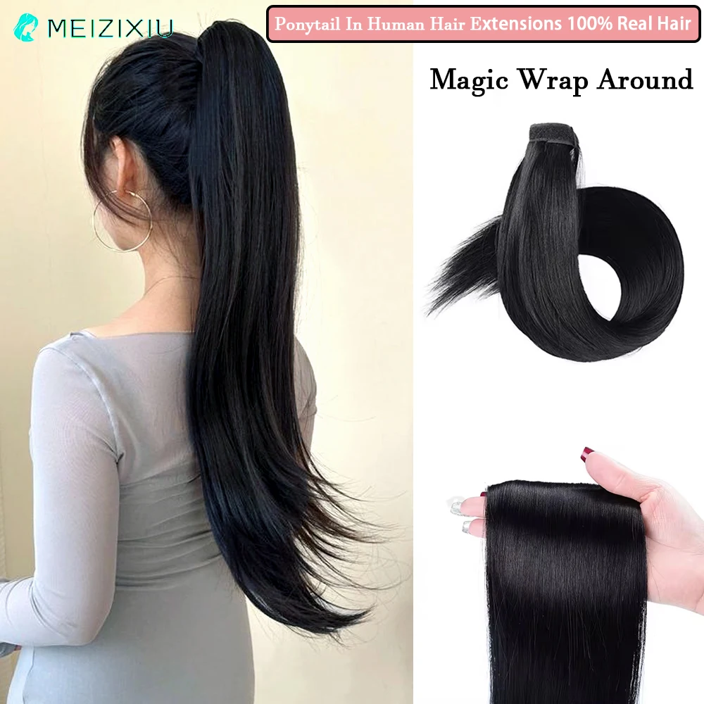 

Black Ponytail In Hair Extensions Magic Wrap Around Add Hair Real Hair PonyTail In Human Hair Extension For Women 22Inch 1# 100g